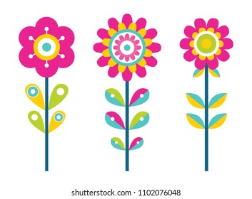 Bright flowers on thin stems of colorful details. Blooming buds ornamental design. Fantastic wild plants with blossom isolated vector illustrations set.