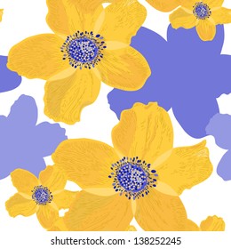 Bright flowers on white background, seamless pattern, vector illustration
