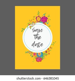  Bright flowers on a yellow background, text in a circle . Save the date text calligraphy vector 