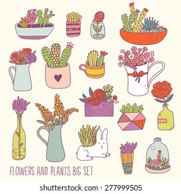 Bright flowers and plants big set in vector. Lovely background with cute flowers, sweet house plants in pots and funny rabbit