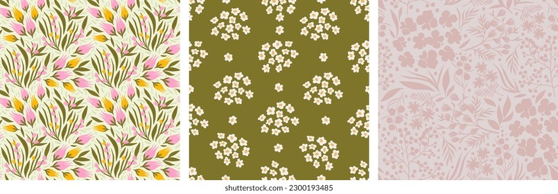 flores brillantes dispersas al azar. colección de patrones a mano sin costuras. fondo ecológico con flores y capullos. un conjunto de motivos de lujo interminables.