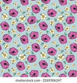 Bright flowers seamless pattern, hand drawn, Vector. Floral print for printing on fabric or paper. Spring seamless floral background
