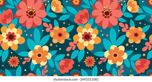 Bright flowers seamless pattern. Illustration for greeting card, banner, invitation. Spring flowers and leaves with decorative elements. Colorful garden flowers.
