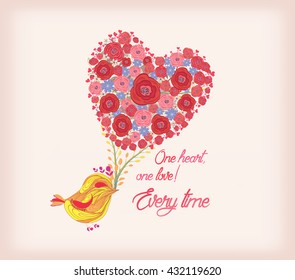 Bright flowers in shape of heart and bird
