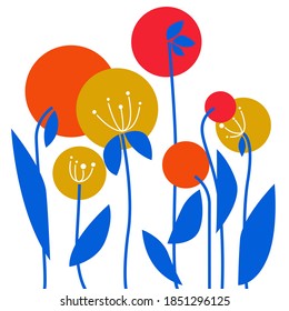 Bright flowers. Stylized round flowers with leaves, on a white background. Yellow and orange flowers with blue leaves.
