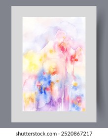 Bright flowers under sunny sky are drawn in abstract minimalist style for floristry magazine. Sunny meadow with watercolour flowers in ecologically clean place or natural park far from cities.