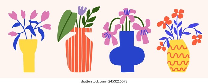 Bright flowers in vases vector illustration set. Trendy paper cut floral graphic. Flat botanical elements