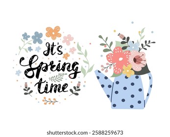 Bright flowers in a watering can. Greeting  banner celebrating the arrival of spring with cheerful colors and playful designs