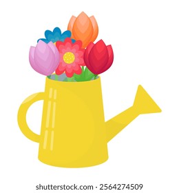 Bright flowers in a yellow garden watering can. Isolated on a white  background. Flat design. Colored icon, flower vector illustration. Pink, red, blue  and orange flower. 
