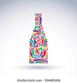 Bright flowery alcohol bottle. Stylized glassware symbol with abstract ethnic pattern. Graphic relaxation conceptual vector object, can be used in decoration and design.

