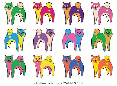 Bright and fluffy cartoon dogs in unique colors. Fun vector pet illustrations for stickers, prints, patterns, and kids' designs. Cute and playful puppy clipart for creative projects.