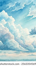 Bright, fluffy clouds fill the sky, casting soft shadows over a tranquil landscape below.