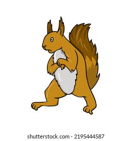 Bright fluffy frightened squirrel standing on its hind legs, vector illustration in cartoon style on a white background
