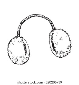 Bright fluffy fur ear muffs, sketch style vector illustrations isolated on white background. Hand drawn fluffy ear warmers, ear muffs made of fur, winter accessory