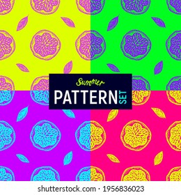 Bright fluorescent summer exotic collection of pop art patterns with doodle oranges. Vector background