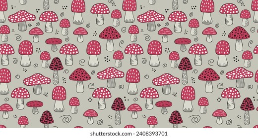 Bright fly agarics, poisonous mushrooms. Vector mushroom pattern with hand drawn mushrooms. For vector print, cups, notebooks.