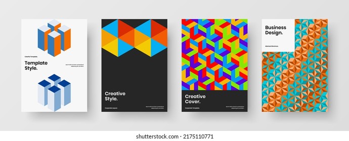 Bright flyer A4 vector design concept set. Modern geometric pattern company brochure illustration collection.