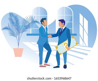 Bright Flyer Bonus for Call Center Employee Flat. Willingness to Cover Domestic Sales. Men in Business Suits Exchange Greetings. Guy is Holding Cash Bonus Cartoon. Vector Illustration.