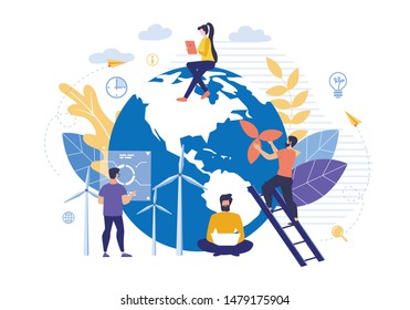 Bright Flyer Business Green Energy Cartoon Flat. Office Access Administration. Woman Sits on Top Planet and Looks at Tablet. Guy Stands on Stairs and Installs Windmill. Vector Illustration.