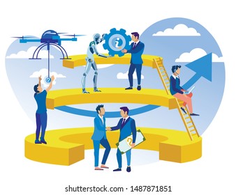 Bright Flyer Call Center Bonus Structure Flat. Operator Develops Communication Skills. Fulfillment Sales Plan in Call Center Department. Use Artificial Intelligence at Work. Vector Illustration.