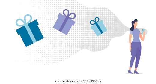 Bright Flyer Choosing and Shaping Gift Online. Conceptual Idea is Woman in World Gifts. Girl Chooses Gifts in Smartphone. Application for Selection Creative Gifts. Vector Illustration.