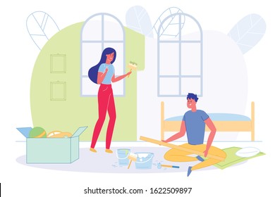 Bright Flyer , Couple Doing Repairs Together. Husband and Wife Paint Walls in Nursery for their Unborn Child. Room already has Small Bed and Box with Toys. Man Holds in his Hands Wooden Detail.