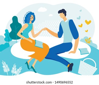 Bright Flyer Couple in Love is Reading Poetry. Man and Woman Understand what Each them Wants. Guy and Girl are Sitting on Lawn in Park and Holding Hands Cartoon. Vector Illustration.