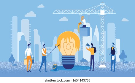 Bright Flyer Creative Staining Idea Management. Find or Come Up with all Possible Flaws and Advantages Described Idea. Men and Women are Involved in Painting Light Bulbs at Construction Site.