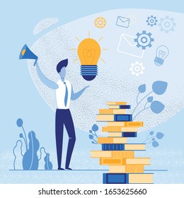 Bright Flyer Creative Thinking for Finding Ideas. Effective Event for Developed People, where you Need to think Lot. Man Stands among Books with Loudspeaker, next to Light Bulb, Cartoon.