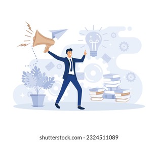 Bright Flyer Creative Thinking for Finding Ideas, Effective Event for Developed People, Man Stands among Books with Loudspeaker, next to Light Bulb, flat vector modern illustration