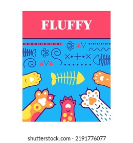 Bright flyer designs with tomcat paws. Vivid colorful brochure with fluffy paws. Domestic animals and pets concept. Template for promotional leaflet or poster