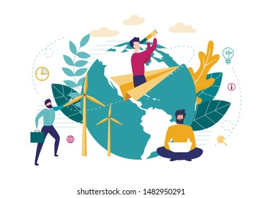 Bright Flyer Distribution Information Cartoon. Poster Creating Positive Opinion about Company. Men Work with Green Energy. Guy is Flying on Paper Airplane Flat. Vector Illustration.