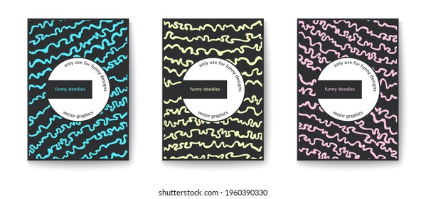 Сheerful bright flyer with fantasy pattern. Simple and funny cards. Freeform hand drawn doodle print. Vector cover templates 