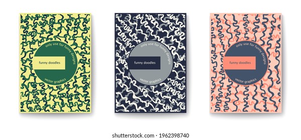 Сheerful bright flyer with fantasy pattern. Simple and funny cards. Freeform hand drawn doodle print. Vector cover templates