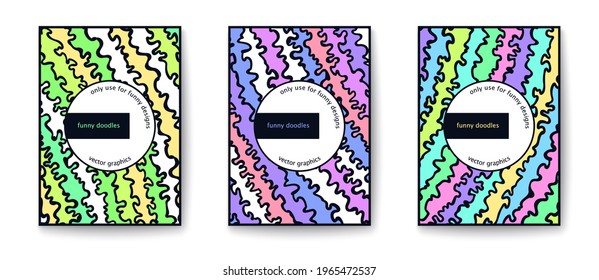 Сheerful bright flyer with fantasy pattern. Simple and funny cards. Freeform hand drawn doodle print. Vector cover templates