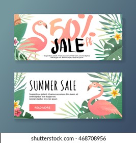 Bright flyer with flamingos. Sale banner template and special offer. 50 off. Vector illustration. The flyer can be used for a beauty salon, a clothing store, cosmetics. Web banner for the shop.