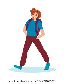 Bright Flyer Guy is Fun Walking with Backpack. Boy Teenager Goes with Backpack on his Shoulders and Laughs. Guy in Sportswear Happily Walks. Vector Illustration on White Background.