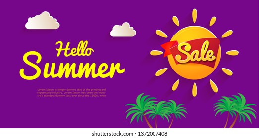 Bright flyer Hello summer. Banner sale summer. Sunny day, Summertime relax. Vector illustrations, paper art and digital crafts style.