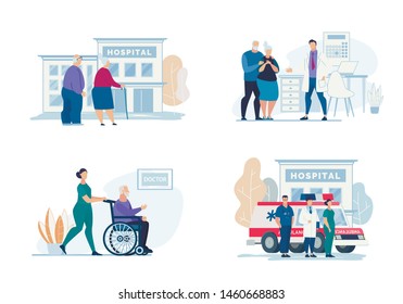 Bright Flyer Hospital Visit Lettering, Cartoon. Poster Grandmother with Grandfather Look at Building Hospital. Ambulance Team on Background Car to Call Ambulance. Vector Illustration.