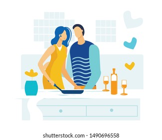 Bright Flyer Husband and Wife Cook Together Flat. An Indicator Healthy Marriage is Adoption Each other. Man and Woman Spend Romantic Evening at Home, Girl Fries in Pan. Vector Illustration.