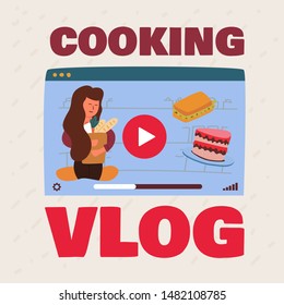 bright flyer inscription cooking vlog cartoon Joyful happy woman with groceries. bag fresh pastries and juicy orange carrots. Leading cookery cook. Training in preparation various foods sweets.