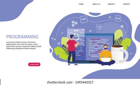 Bright Flyer Inscription Programming Cartoon. Banner Daily Life Employees. Poster Man Sits on Floor with Laptop, Next to Large Cup Coffee or Tea Flat. Vector Illustration Landing Page.