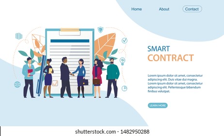 Helle Flyer Inschrift Smart Contract Flat. Einrichtung und Arbeitsweise der Hauptpunkte der Diskussion Büroangestellte in Geschäftskleidung stehen auf dem Hintergrund Großes Dokument. 