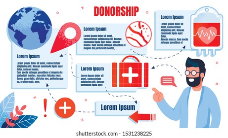 Bright Flyer International Donorship Program. Bearded Male Doctor in Blue Coat Shows on Medical Suitcase with Cross. Infographics about Importance Donation, Flat. Vector Illustration.