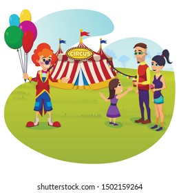 Bright Flyer Invitation Circus Arrival Cartoon. Husband and Wife Drink Coffee and Look at Clown. Daughter Calls Parents to go to Circus. Summer Fun for Children. Vector Illustration.