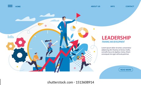 Bright Flyer Leadership, Training and Development. Mans Boss is Standing on Podium with Flag, Girl with Briefcase is Running Up Stairs, Guys fre Running against Background Large Dial.