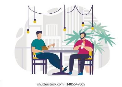 Bright Flyer Lounge Cafe in Office Cartoon Flat. Proper Nutrition During Working Day. Men Sit at Table in Room for Eating at Work and Eat. Panoramic Window in Company Cafe. Vector Illustration.