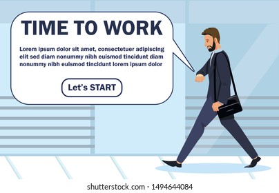 Bright Flyer Message Time to Work Lettering Flat. Horizontal Poster Guy in Suit Looks Worriedly at his Watch. Inscription in Message. Man Late for Work Cartoon. Vector Illustration.