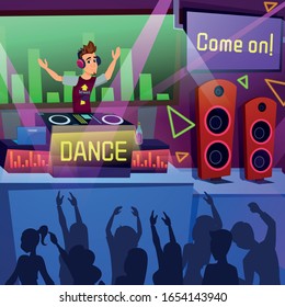 Bright Flyer Performance Party Dance Cartoon Flat. Opening Weekend on Summer Terrace Dance Club. People at Nightclub Stage Have Fun and Dance. Guy Puts Music and Amuses People. Vector Illustration.