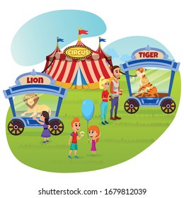 Bright Flyer Performance Tiger and Lion in Circus. Animals Sit in Cages, Children and Adults Examine Animals. Ill Treatment Predators in Circus. Parents and Children Look at Predators in Cages.